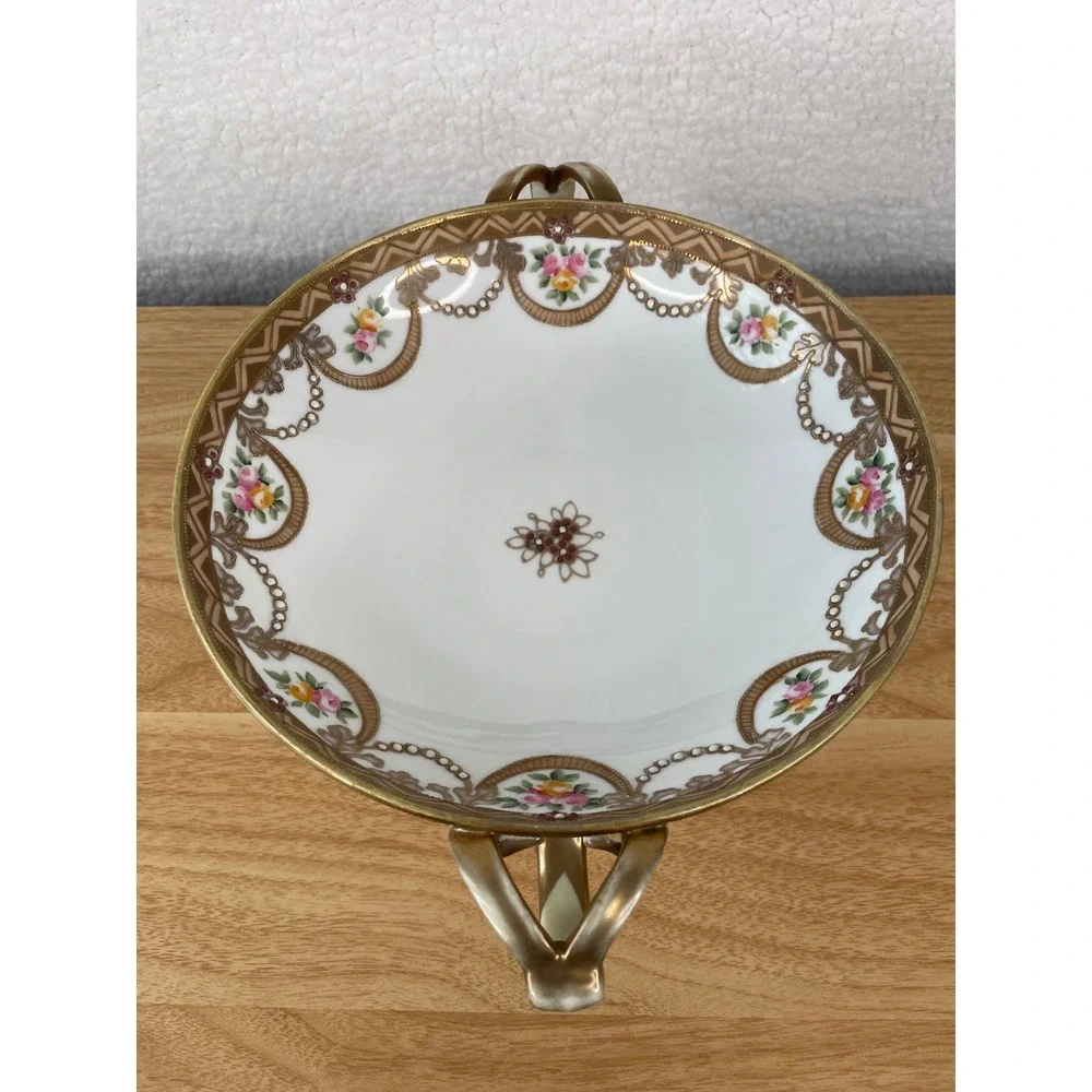 Antique Nippon Hand Painted Porcelain Pedestal Bowl Gold Moriage Floral 10.25